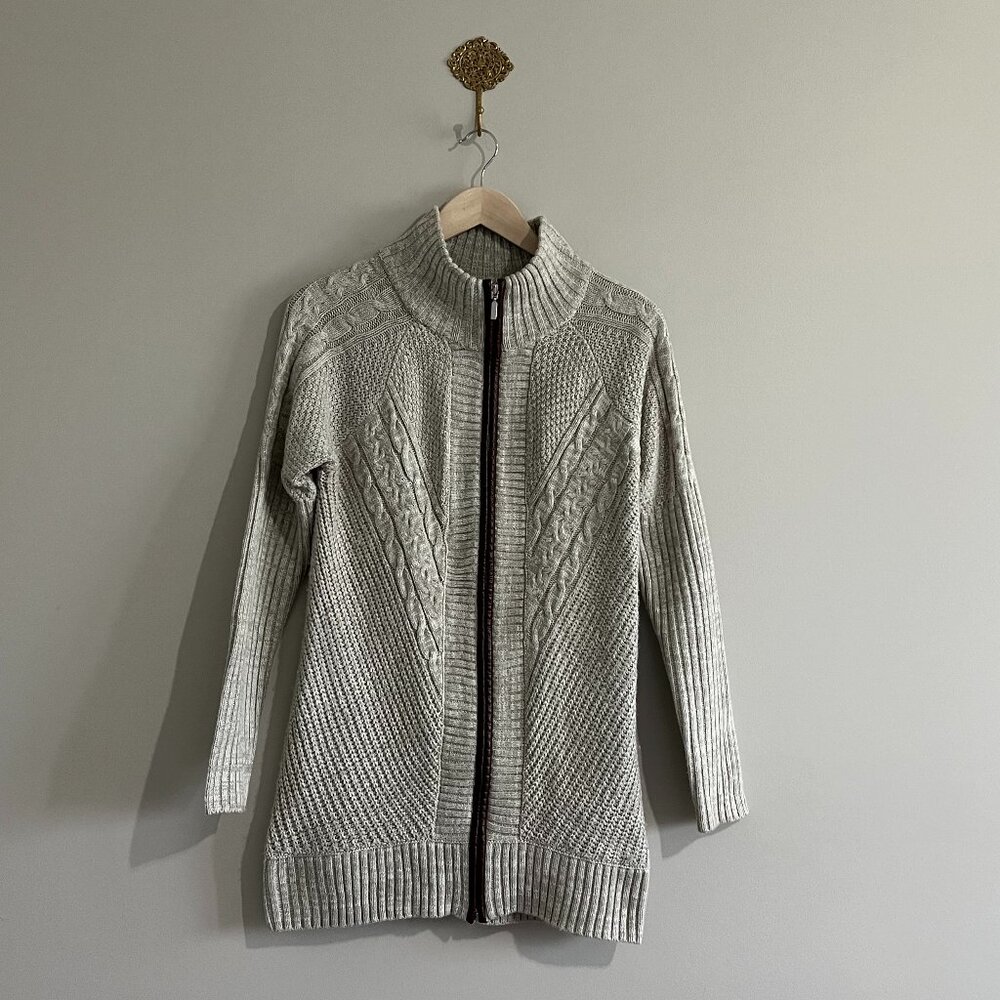 VENUS Beige Brown Faux Leather Trim Full Zip Cable Knit Cardigan Sweater - Small